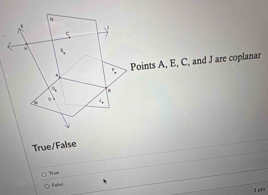 N
k
C
H
E
F Points A, E, C, and J are coplanar
A
G
B
D
M
True/False
True
False
1 pts