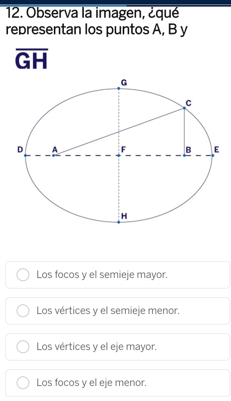 Observa la imagen, ¿qué
representan los puntos A, B y
overline GH
Los focos y el semieje mayor.
Los vértices y el semieje menor.
Los vértices y el eje mayor.
Los focos y el eje menor.