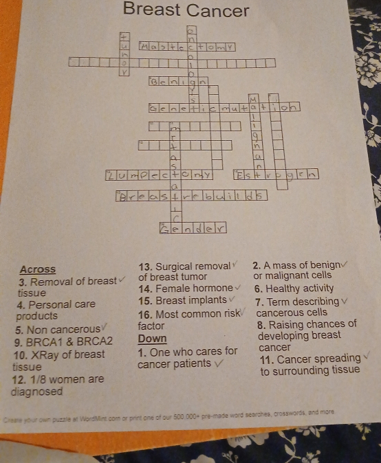 Breast Cancer 
Across 13. Surgical removal 2. A mass of benign 
3. Removal of breast of breast tumor or malignant cells 
tissue 14. Female hormone 6. Healthy activity 
4. Personal care 15. Breast implants 7. Term describing 
products 16. Most common risk cancerous cells 
5. Non cancerous factor 8. Raising chances of 
9. BRCA1 & BRCA2 Down developing breast 
10. XRay of breast 1. One who cares for cancer 
tissue cancer patients 11. Cancer spreading 
12. 1/8 women are to surrounding tissue 
diagnosed 
Create your own puzzle at WordMint com or print one of our 500,000+ pre-made word searches, crosswords, and more