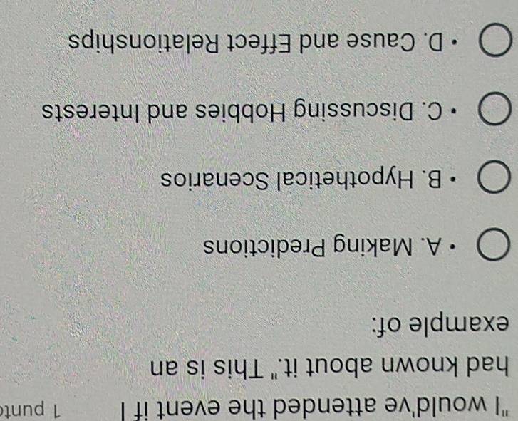 "I would've attended the event if I 1 punt
had known about it." This is an
example of:
A. Making Predictions
B. Hypothetical Scenarios
C. Discussing Hobbies and Interests
D. Cause and Effect Relationships