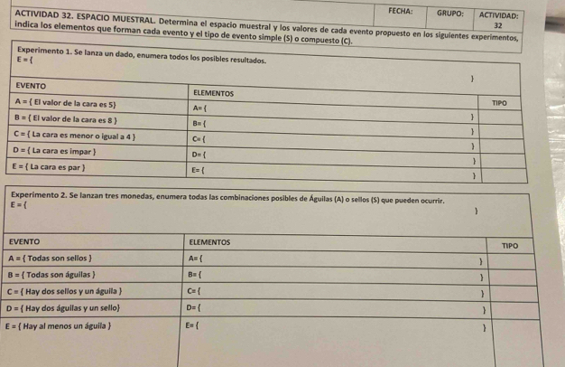 FECHA: GRUPO; ACTIVIDAD:
32
ACTIVIDAD 32. ESPACIO MUESTRAL. Determina el espacio muestral y los valores de cada evento propuesto en los siguientes experim
indica los elementos que forman cada evento y el tipo de evento simp