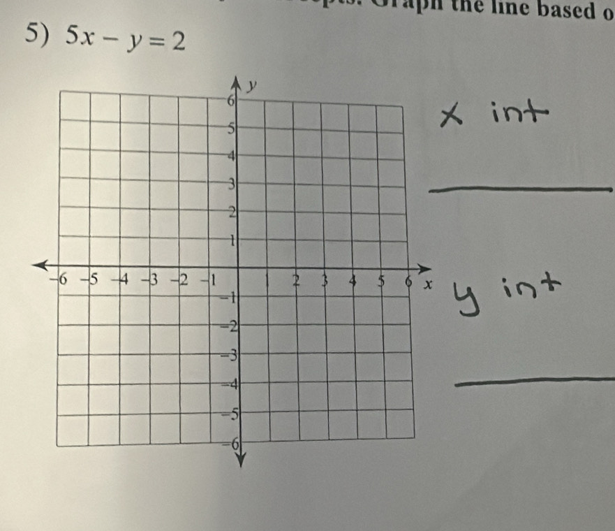 pn the line based o 
5) 5x-y=2
X int 
.