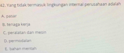 Yang tidak termasuk lingkungan internal perusahaan adalah
A. pasar
B. tenaga kerja
C. peralatan dan mesin
D. permodalan
E. bahan mentah