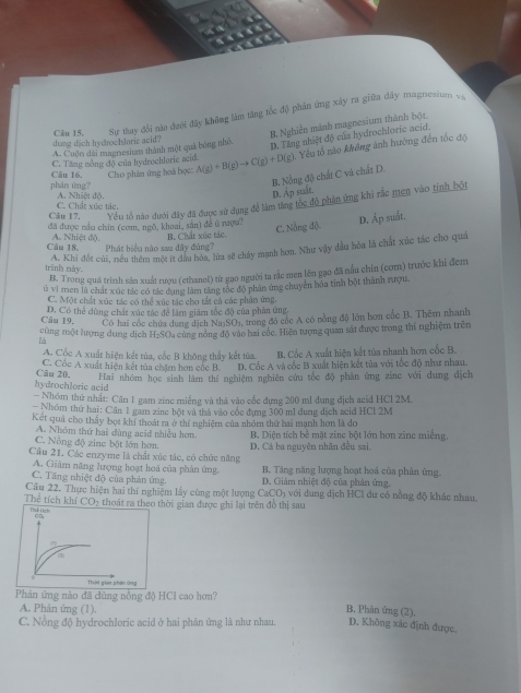 Sựr thay đổi năo đưới đây không làm tăng tốc độ phản ứng xây ra giữa dây magnesium v
B. Nghiễn mảnh magnesium thành bột
dung dịch hydrochloric acid? A. Cuộn đài magnesium thành một quả bóng nhỏ,
D. Tăng nhiệt độ của hydrochloric acid.
C. Tăng mồng độ của hydrochloric acid. 1, Yếu tổ nào không ảnh hướng đến tốc độ
Câu 16. Cho phản ứng hoá học A(g)+B(g)to C(g)+D(g)
phân ứng? A. Nhiệt độ.
Câu 17. C. Chất xức tác. B. Nổng độ chất C vú chất D. D. Ap suất,
Yểu tổ nào đưới đây đã được sử dụng để làm tăng tốc độ phản ứng khi rắc men vào tinh bột
đã được rẫu chin (com, ngô, khoai, sān) đễ ù ruợu?
Câu 18. A. Nhiệt độ, B Chất xúc tác. C. Nằng độ D. Ảp suất.
Phát biểu nào sau đây đủng?
A. Khi đốt củi, nêu thêm một ít đầu hóa, lữa sẽ chấy mạnh hơn. Như vậy đầu hóa lã chất xúc tác cho quả
trình này.
B. Trong quá trình sản xuất rượu (ethanol) từ gạo người ta rắc men lên gạo đã nấu chin (com) trước khi đem
ủ vì men là chát xúc tác có tác dụng làm tăng tốc độ phân ứng chuyển hóa tinh bột thành rượu.
C. Một chất xúc tác có thể xúc tác cho tất cả các phân ứng.
D. Có thể dùng chất xúc tác để làm giảm tốc độ của phản ứng
Câu 19. Có hai cóc chứa dung dịch Na₃SO₃, trong đó củc A có nẵng độ lớn hơn cắc B. Thêm nhanh
cùng một lượng dụng dịch H-SO4 cùng nóng đồ vào hai cúc. Hiện tượng quan sát được trong thí nghiệm trên

A. Cộc A xuất hiện kết tùa, cốc B không thấy kết từa. B. Cốc A xuất hiện kết tùa nhanh hơn cốc B.
C. Cốc A xuất hiện kết nùa chạm hơn củc B. D. Cắc A và cốc B xuất hiện kết tủa với tốc độ như nhau,
Câu 20. Hai nhóm học sinh làm thí nghiệm nghiên cứa tốc độ phần ứng zine với dung dịch
hydrochloric acid
- Nhóm thứ nhất: Cân 1 gam zine miếng và thã vào cốc đựng 200 ml dụng địch acid HCl 2M.
- Nhóm thứ hai: Cần 1 gam zine bột và thả vào cóc đụng 300 m1 dung dịch seid HCl 2M
Kết quả cho thấy bọt khi thoát ra ở thí nghiệm của nhóm thứ hai mạnh hơn là đo
A. Nhóm thứ hai dùng acid nhiều hơn B. Diện tích bề mặt zinc bột lớn hơn zinc miếng.
C. Nổng độ zinc bột lớn hơn.
Cầu 21. Các enzyme là chất xúc tác, có chức năng D. Cá ba nguyên nhân đều sai.
A. Giám năng lượng hoạt hoá của phân ứng B. Tăng năng lượng hoạt hoá của phản ứng
C. Tăng nhiệt độ của phản ứng. D. Giám nhiệt độ của phản ứng,
Thể tích khí Cầu 22. Thực hiện hai thí nghiệm lấy cùng một lượng CaCO) với dung dịch HC1 dư cô nồng độ khác nhau.
CO_2
thoátthời gian được ghi lại trên đồ thị sau
Phản ứng nào đã dủng nỗng độ HCl cao hơn?
A. Phân ứng (1).
B. Phân ứng (2),
C. Nồng độ hydrochloric acid ở hai phản ứng là như nhau. D. Không xác định được,