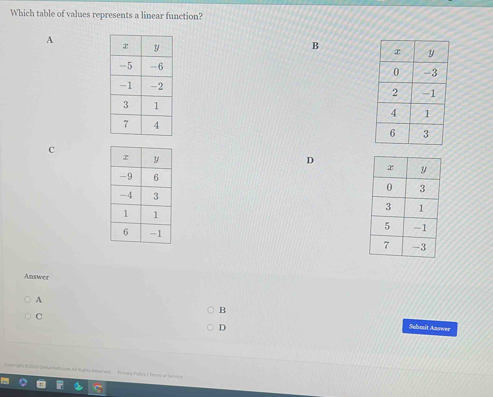 Which table of values represents a linear function? 
A 
B 
C 
D 

Answer 
A 
B 
C 
D Submit Answer 
Copyright ©2023 DeltaMath.com All Rights Reserved. Privacy Policy | Terms of Service