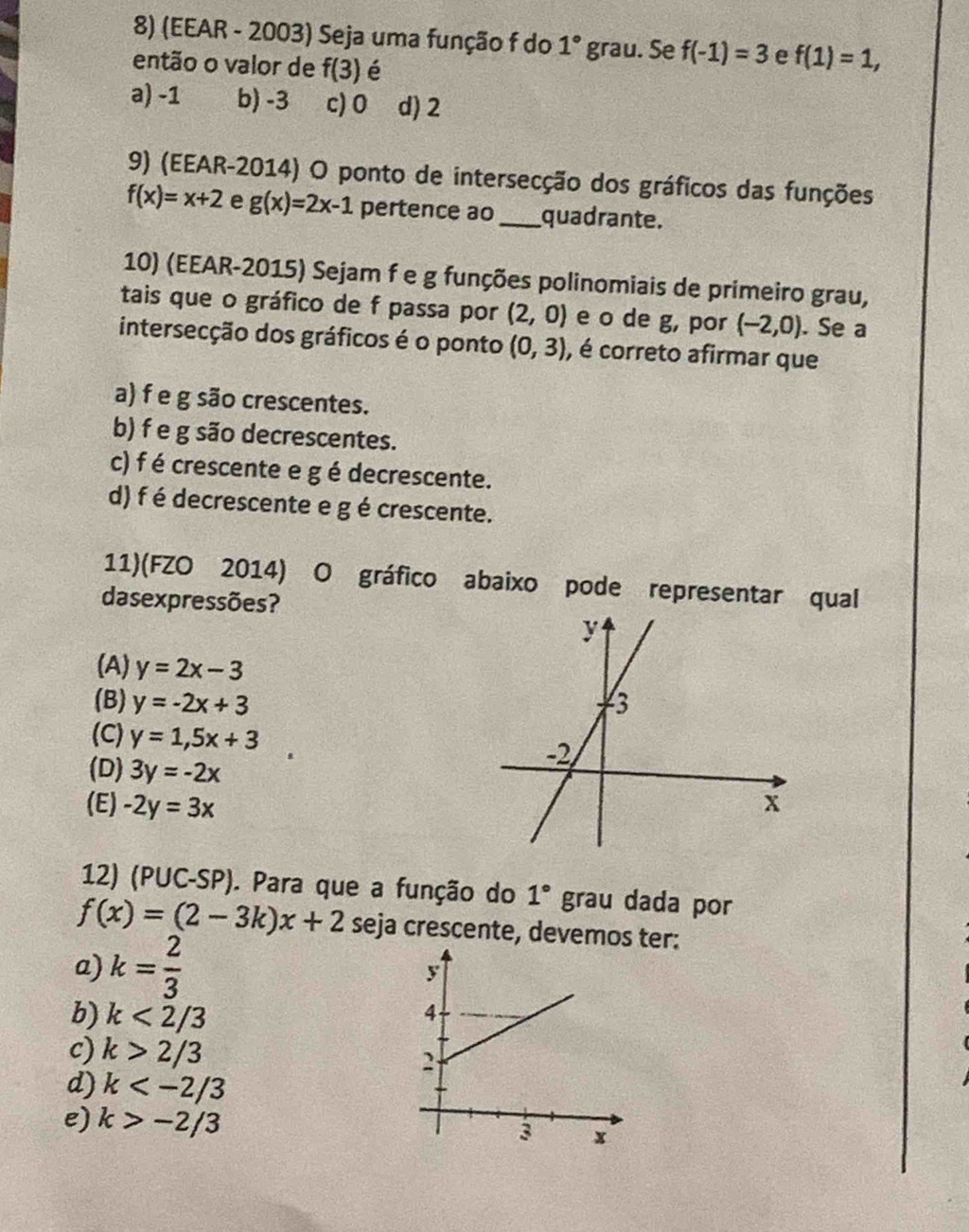 (EEAR - 2003) Seja uma função f do 1° grau. Se f(-1)=3 e f(1)=1, 
então o valor de f(3) é
a) -1 b) -3 c) 0 d) 2
9) (EEAR-2014) O ponto de intersecção dos gráficos das funções
f(x)=x+2 e g(x)=2x-1 pertence ao _quadrante.
10) (EEAR-2015) Sejam f e g funções polinomiais de primeiro grau,
tais que o gráfico de f passa por (2,0) e o de g, por (-2,0). Se a
intersecção dos gráficos é o ponto (0,3) , é correto afirmar que
a) f e g são crescentes.
b) f e g são decrescentes.
c) f é crescente e g é decrescente.
d) f é decrescente e gé crescente.
11)(FZO 2014) O gráfico abaixo pode representar qual
dasexpressões?
(A) y=2x-3
(B) y=-2x+3
(C) y=1,5x+3
(D) 3y=-2x
(E) -2y=3x
12) (PUC-SP). Para que a função do 1° grau dada por
f(x)=(2-3k)x+2 seja crescente, devemos ter:
a) k= 2/3 
b) k<2/3
c) k>2/3
d) k
e) k>-2/3