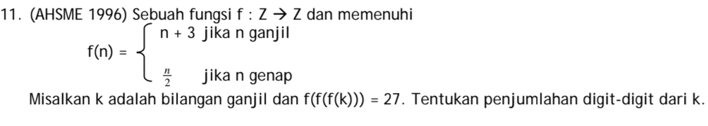 (AHSME 1996) Sebuah fungsi f:Zto Z dan memenuhi
f(n)=beginarrayl n+3jikanganjil  n/2 jikangenapendarray.
Misalkan k adalah bilangan ganjil dan f(f(f(k)))=27. Tentukan penjumlahan digit-digit dari k.