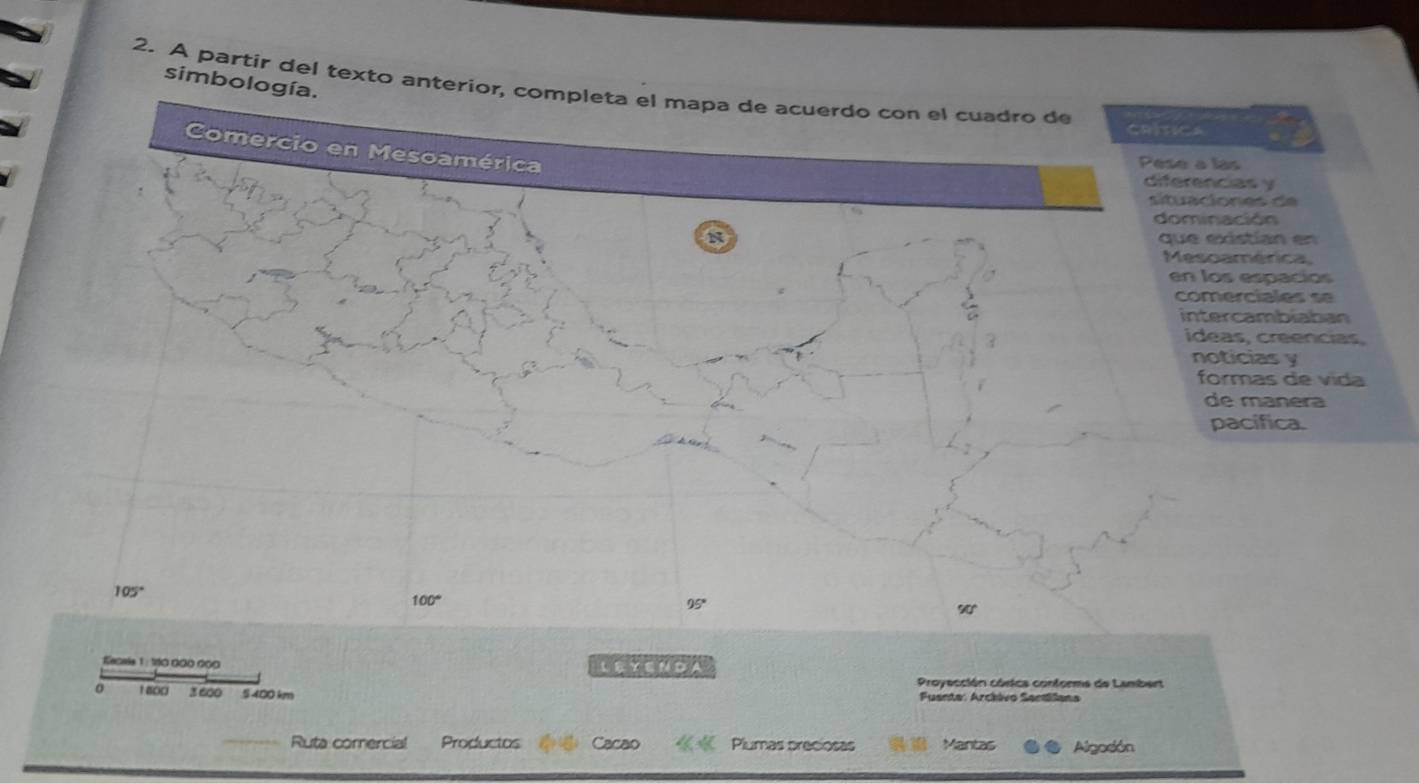 simbología. 
2. A partir del texto anterior, completa el mapa de acuerdo con el cuadro de 
CRÍTICA 
Comercio en Mesoamérica 
Pese a las 
diferencias y 
situ acion es de 
dominación 
N que existían en 
Mesoamérica 
en los espacios 
comerciales se 
intercambiaban 
ideas, creencias, 
noticias y 
formas de vida 
de manera 
pacifica.
105°
100°
95°
90
Eensle 1 : Ita dão doo L EY E N D A 
Proyección córica conforme de Lambert
1800 3600 5 400 km Fuanta: Archivo Santilana 
Ruta comercial Productos ar Plumas preciosas Algodón