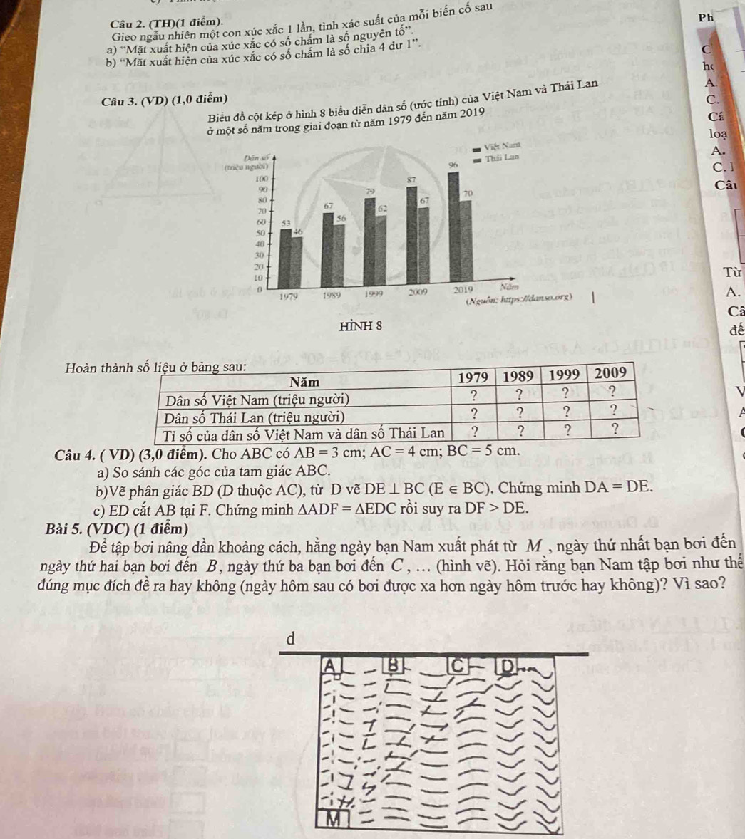 Gieo ngẫu nhiên một con xúc xắc 1 lần, tình xác suất của mỗi biến cố sau 
Câu 2. (TH)(1 điểm). 
Ph 
a) “Mặt xuất hiện của xúc xắc có số chẩm là số nguyên tố”. 
b) “Mặt xuất hiện của xúc xắc có số chẩm là số chia 4 dư 1 ”. 
C 
h( 
Câu 3. (VD) (1,0 điểm) A. 
C. 
Biểu đồ cột kép ở hình 8 biểu diễn dân số (ước tính) của Việt Nam và Thái Lan 
sở một số năm trong giai đoạn từ năm 1979 đến năm 2019 
Cá 
loạ 
A. 
C. ] 
Câu 
Từ 
A. 
C 
đế 
Hoàn th 
V 
Câu 4. ( VD) (3,0 điểm). Cho ABC có AB=3cm; AC=4cm; BC=5cm. 
a) So sánh các góc của tam giác ABC. 
b)Vẽ phân giác BD (D thuộc AC), từ D vẽ DE⊥ BC(E∈ BC). Chứng minh DA=DE. 
c) ED cắt AB tại F. Chứng minh △ ADF=△ EDC rồi suy ra DF>DE. 
Bài 5. (VDC) (1 điểm) 
Để tập bơi nâng dần khoảng cách, hằng ngày bạn Nam xuất phát từ M , ngày thứ nhất bạn bơi đến 
ngày thứ hai bạn bơi đến B, ngày thứ ba bạn bơi đến C , ... (hình vẽ). Hỏi rằng bạn Nam tập bơi như thế 
dúng mục đích đề ra hay không (ngày hôm sau có bơi được xa hơn ngày hôm trước hay không)? Vì sao? 
d 
A 
C