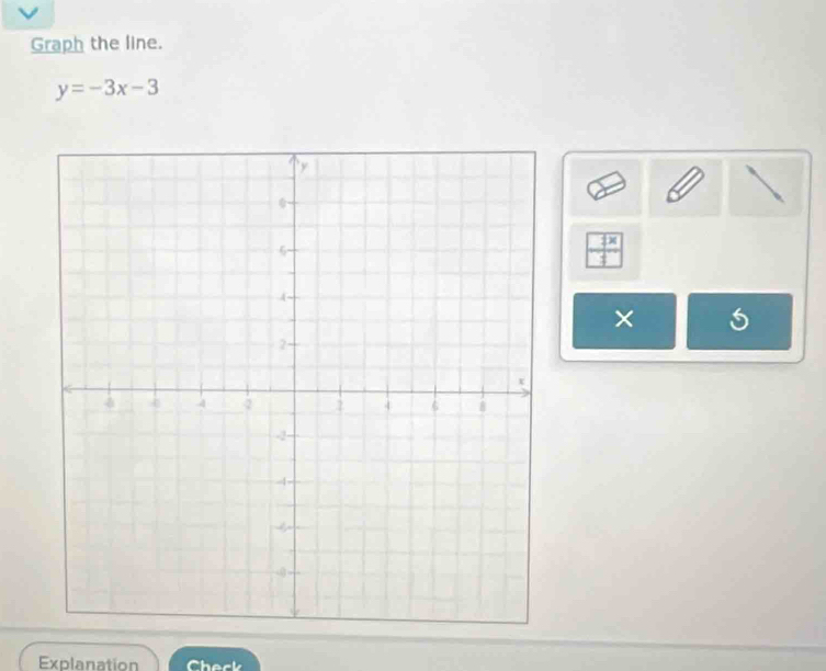 Graph the line.
y=-3x-3
× 5 
Explanation Check