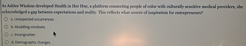 As Ashlee Wisdom developed Health in Her Hue, a platform connecting people of color with culturally sensítive medical providers, she
acknowledged a gap between expectations and reality. This reflects what source of inspiration for entrepreneurs?
a. Unexpected occurrences
b. Muddling mindsets
c. Incongruities
d. Demographic changes