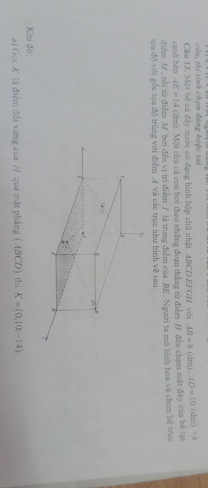 câu, thí sinh chọn đúng hoặc sai. 
Câu 13. Một bê cá đầy nước có dạng hình hộp chữ nhật ABCD. EFGH với AB=8(dm ) , AD=10 (dm) và 
cạnh bên AE=14 (dm). Một chú cá con bơi theo những đoạn thẳng từ điểm H đến chạm mặt đáy của bể tại 
điểm M, rồi từ điểm Mỹ bơi đến vị trí điểm / là trung điểm của BE. Người ta mô hình hóa và chọn hệ trục 
tọa độ với gốc tọa độ trùng với điểm A và các trục như hình vẽ sau. 
Khi đó: 
a) Gọi K là điểm đối xứng của H qua mặt phẳng ( ABCD) thì K=(0;10;-14).