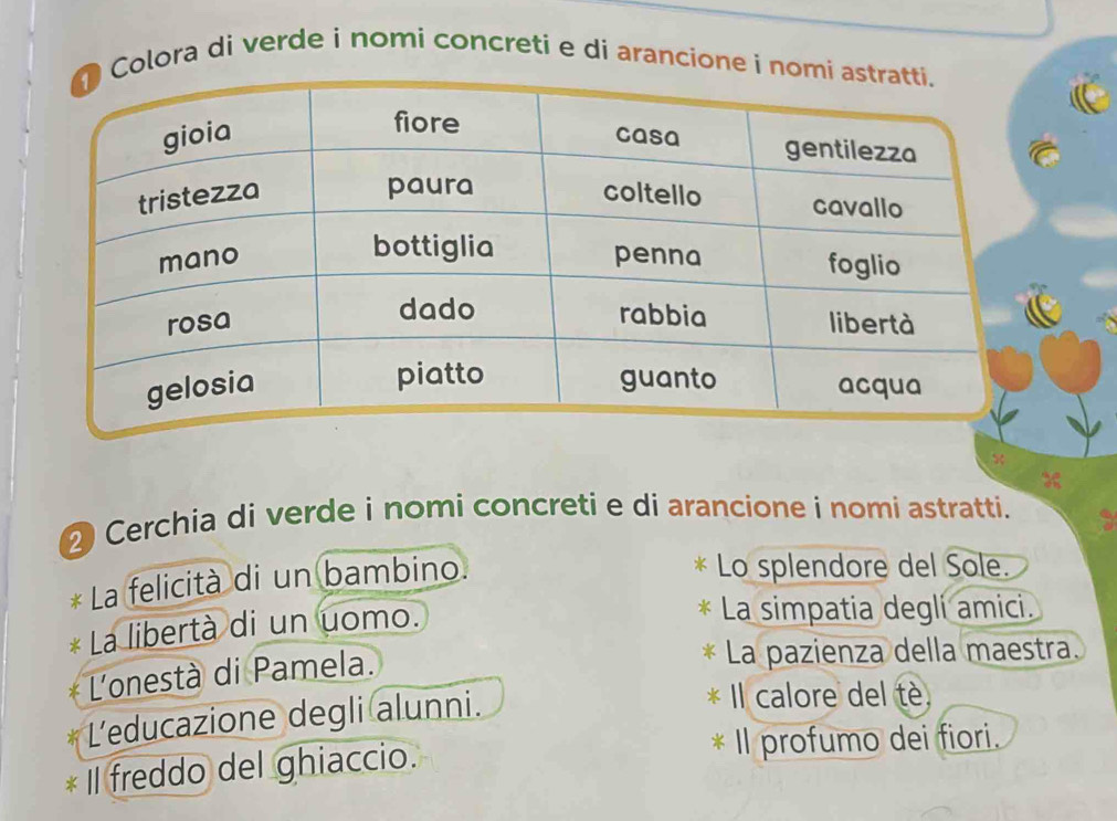 Colora di verde i nomi concreti e di arancione i no 
② Cerchia di verde i nomi concreti e di arancione i nomi astratti. 
La felicità di un bambino. 
Lo splendore del Sole. 
La libertà di un uomo. 
La simpatia degli amici. 
L'onestà di Pamela. 
La pazienza della maestra. 
L'educazione degli alunni. 
Il calore del tè, 
Il freddo del ghiaccio. 
k Il profumo dei fiori.