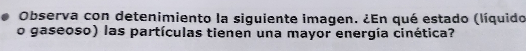 Observa con detenimiento la siguiente imagen. ¿En qué estado (líquido 
o gaseoso) las partículas tienen una mayor energía cinética?