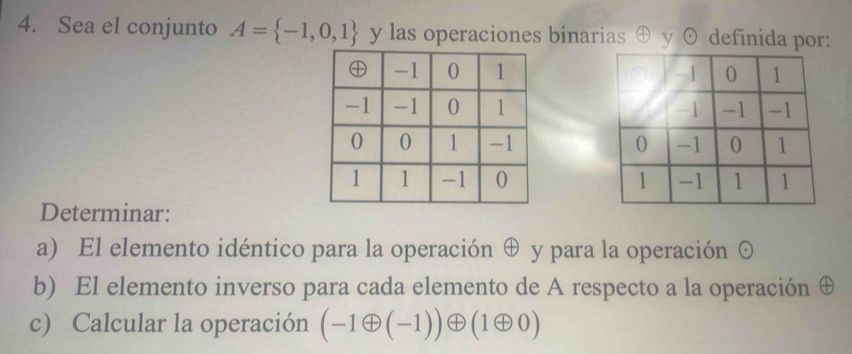 Sea el conjunto A= -1,0,1 y las operaciones binarias ⊕ y ⊙ definida por: 




Determinar: 
a) El elemento idéntico para la operación ⊕ y para la operación 。 
b) El elemento inverso para cada elemento de A respecto a la operación ⊕ 
c) Calcular la operación (-1oplus (-1))oplus (1oplus 0)