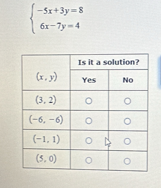 beginarrayl -5x+3y=8 6x-7y=4endarray.