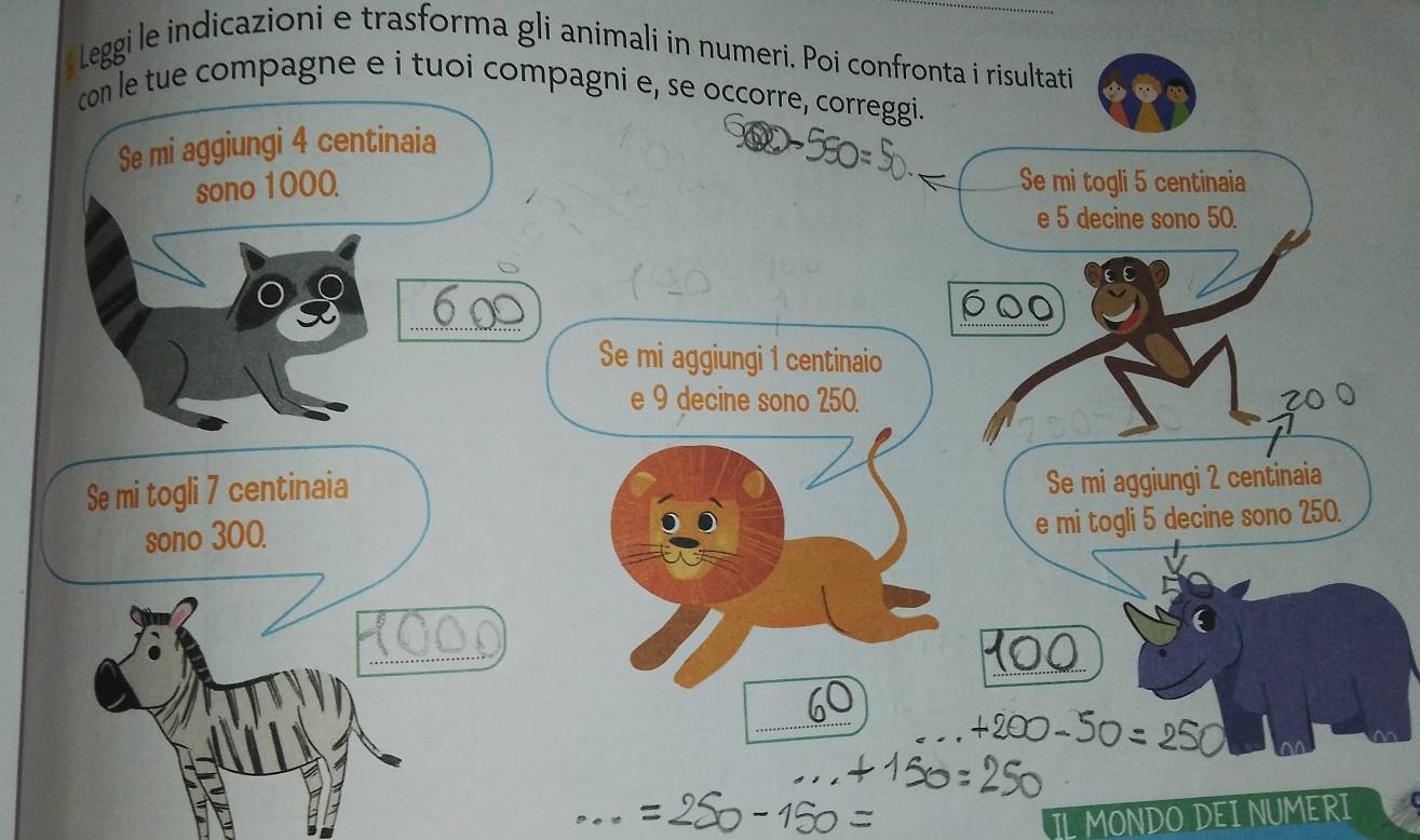 Leggi le indicazioni e trasforma gli animali in numeri. Poi confronta i risultati 
con le tue compagne e i tuoi compagni e, se occorre, correggi. 
Se mi aggiungi 4 centinaia
sono 1000 Se mi togli 5 centinaia
e 5 decine sono 50. 
_ 
Se mi aggiungi 1 centinaio
e 9 decine sono 250. 
Se mi togli 7 centinaia
Se mi aggiungi 2 centinaia
sono 300. 
e mi togli 5 decine sono 250. 
_ 
_00 
_ 
_ +200 5
_ 
IL MONDO DEI NUMERI