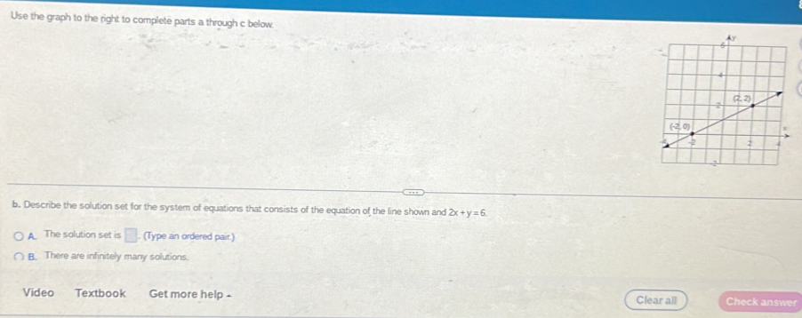 Use the graph to the right to complete parts a through c below
b. Describe the solution set for the system of equations that consists of the equation of the line shown and 2x+y=6
The solution set is □. (Type an ordered pair.)
B. There are infinitely many solutions.
Video Textbook Get more help - Clear all Check answer