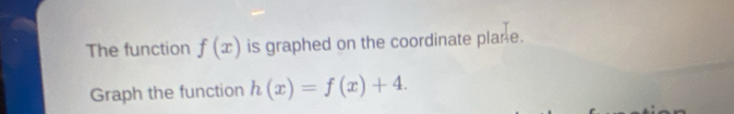 The function f(x) is graphed on the coordinate plane. 
Graph the function h(x)=f(x)+4.