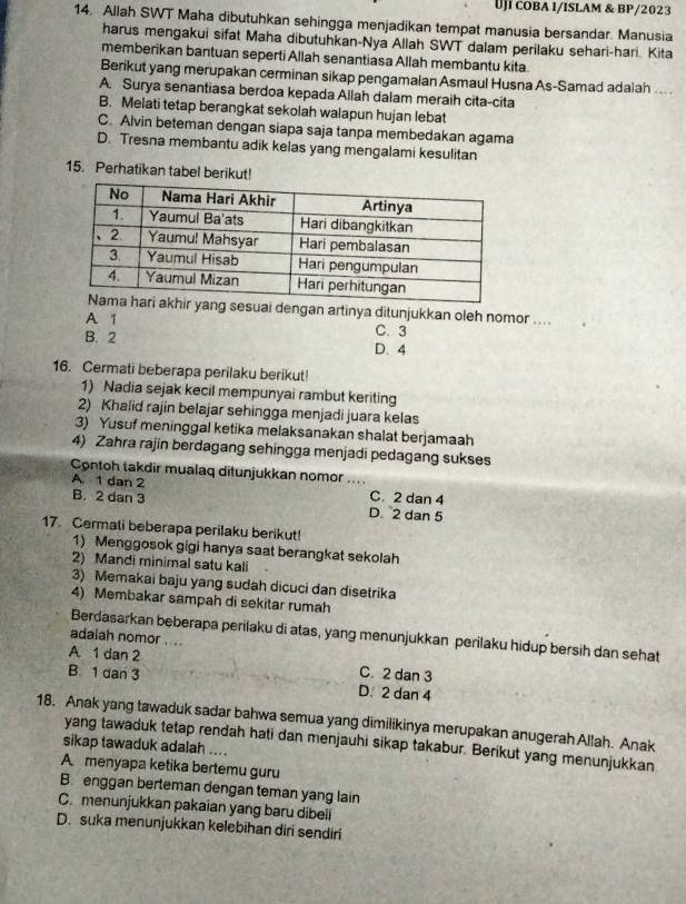 UjI COBA I/ISLAM & BP/2023
14. Allah SWT Maha dibutuhkan sehingga menjadikan tempat manusia bersandar. Manusia
harus mengakui sifat Maha dibutuhkan-Nya Allah SWT dalam perilaku sehari-hari. Kita
memberikan bantuan seperti Allah senantiasa Allah membantu kita.
Berikut yang merupakan cerminan sikap pengamalan Asmaul Husna As-Samad adalah ....
A. Surya senantiasa berdoa kepada Allah dalam meraih cita-cita
B. Melati tetap berangkat sekolah walapun hujan lebat
C. Alvin beteman dengan siapa saja tanpa membedakan agama
D. Tresna membantu adik kelas yang mengalami kesulitan
15. Perhatikan tabel berikut!
sesuai dengan artinya ditunjukkan oleh nomor ....
A 1 C. 3
B. 2 D. 4
16. Cermati beberapa perilaku berikut
1) Nadia sejak kecil mempunyai rambut keriting
2) Khalid rajin belajar sehingga menjadi juara kelas
3) Yusuf meninggal ketika melaksanakan shalat berjamaah
4) Zahra rajin berdagang sehingga menjadi pedagang sukses
Contoh takdir mualaq ditunjukkan nomor ...
A. 1 dan 2 C. 2 dan 4
B. 2 dan 3 D. 2 dan 5
17. Cermali beberapa perilaku berikut!
1) Menggosok gigi hanya saat berangkat sekolah
2) Mandi minimal satu kali
3) Memakai baju yang sudah dicuci dan disetrika
4) Membakar sampah di sekitar rumah
Berdasarkan beberapa perilaku di atas, yang menunjukkan perilaku hidup bersih dan sehat
adaiah nomor ....
A 1 dan 2
C. 2 dan 3
B 1 dan 3 D. 2 dan 4
18. Anak yang tawaduk sadar bahwa semua yang dimilikinya merupakan anugerah Allah. Anak
yang tawaduk tetap rendah hati dan menjauhi sikap takabur. Berikut yang menunjukkan
sikap tawaduk adalah ....
A menyapa ketika bertemu guru
B. enggan berteman dengan teman yang lain
C. menunjukkan pakaian yang baru dibeli
D. suka menunjukkan kelebihan diri sendiri