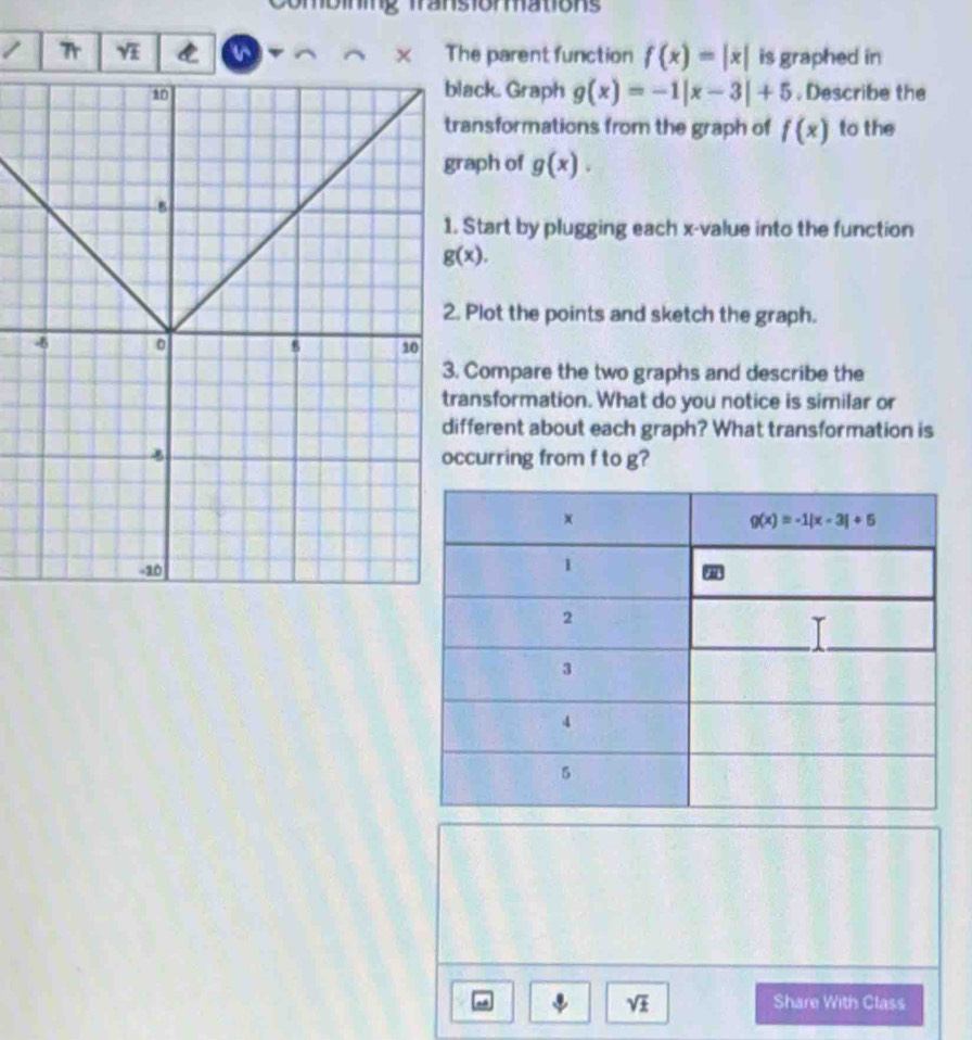 Combinmg Transiormations
Tr YE C v × The parent function f(x)=|x| is graphed in
ack. Graph g(x)=-1|x-3|+5
, Describe the
nsformations from the graph of f(x) to the
aph of g(x).
Start by plugging each x-value into the function
Plot the points and sketch the graph.
Compare the two graphs and describe the
nsformation. What do you notice is similar or
ferent about each graph? What transformation is
curring from f to g?
sqrt(± )
Share With Class