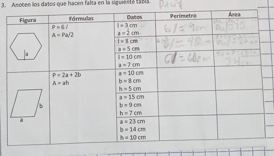 Anoten los datos que hacen falta en la siguiente tábla.