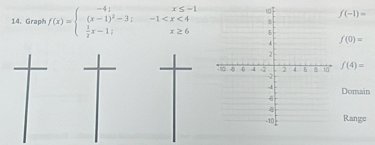 Graph f(x)=beginarrayl -4;x≤ -1 (x-1)^2-3;-1
f(-1)=
f(0)=
f(4)=
Domain
Range