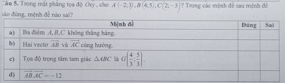 Trong mặt phẳng tọa độ Oxy , cho A(-2;3),B(4;5),C(2;-3) ? Trong các mệnh đề sau mệnh đề
đào đúng, mệnh đề nào sai?