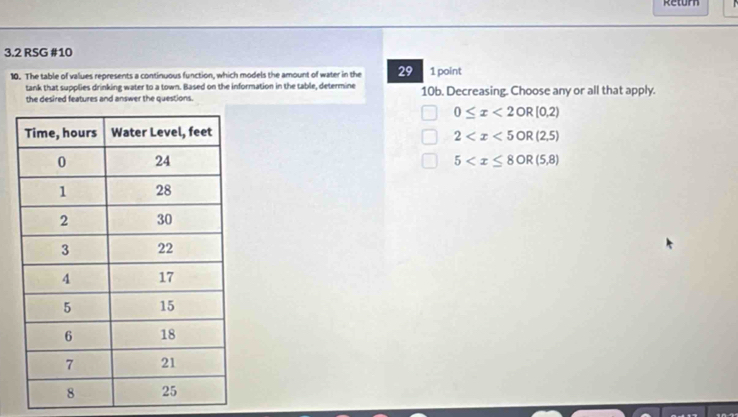 Return
3.2 RSG #10
10. The table of values represents a continuous function, which models the amount of water in the 29 1 point
tank that supplies drinking water to a town. Based on the information in the table, determine
the desired features and answer the questions. 10b. Decreasing. Choose any or all that apply.
0≤ x<2OR[0,2)
2
5