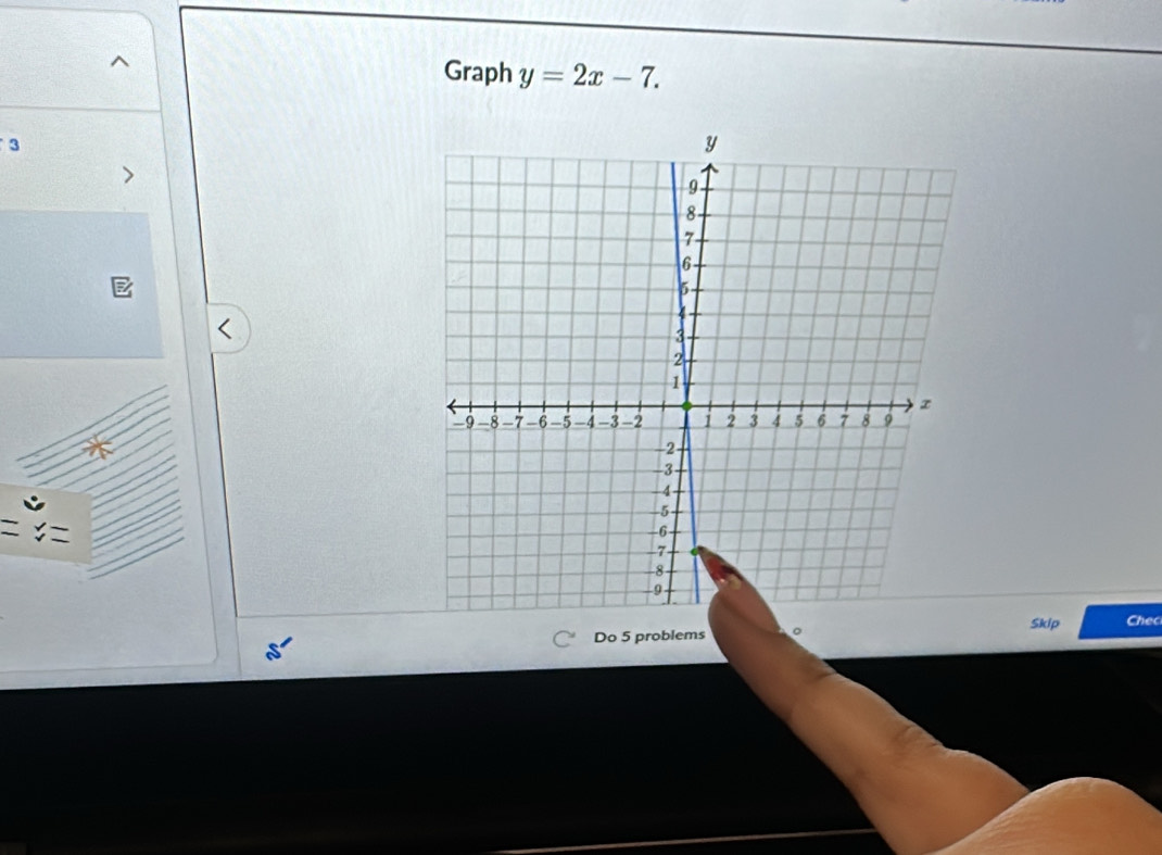 Graph y=2x-7. 
3 
Do 5 problems 。 Skip Chec