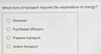 Which form of tansport requires the expenditure of energy?
Osmosia
Facillsed diftuson
Pasive tarsport
Active transport