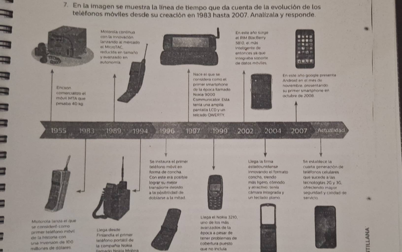 En la imagen se muestra la línea de tiempo que da cuenta de la evolución de los 
teléfonos móviles desde su creación en 1983 hasta 2007. Analízala y responde. 
3 
una inversión de 100 teléfono portátil de cobertura puesto 
millones de dôlares la compañía Nokia 
que no Incluía