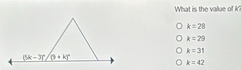 What is the value of k
k=28
k=29
k=31
k=42