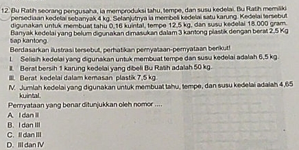 Bu Ratih seorang pengusaha, ia memproduksi tahu, tempe, dan susu kedelai. Bu Ratih memiliki
persediaan kedelai sebanyak 4 kg. Selanjutnya ia membeli kedelai satu karung. Kedelai tersebut
digunakan untuk membuat tahu 0,16 kuintal, tempe 12,5 kg, dan susu kedelai 18.000 gram.
Banyak kedelai yang belum digunakan dimasukan dalam 3 kantong plastik dengan berat 2,5 Kg
tiap kantong.
Berdasarkan ilustrasi tersebut, perhatikan pernyataan-pernyataan berkut!
L Selisih kedelai yang digunakan untuk membuat tempe dan susu kedelai adalah 6,5 kg.
ll. Berat bersih 1 karung kedelai yang dibeli Bu Ratih adalah 50 kg.
III. Berat kedelai dalam kemasan plastik 7,5 kg.
M. Jumlah kedelai yang digunakan untuk membuat tahu, tempe, dan susu kedelai adalah 4,65
kuintal.
Pernyataan yang benar ditunjukkan oleh nomor ....
A I dan II
B. I dan III
C. Il dan III
D. III dan IV