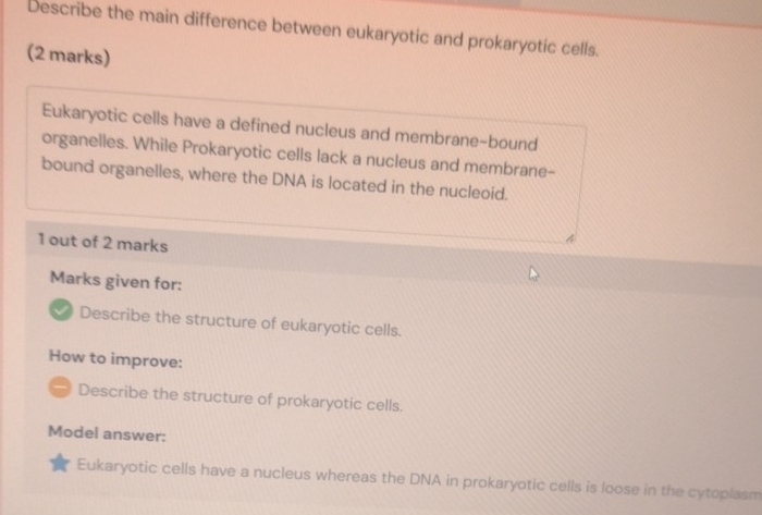 Describe the main difference between eukaryotic and prokaryotic cells. 
(2 marks) 
Eukaryotic cells have a defined nucleus and membrane-bound 
organelles. While Prokaryotic cells lack a nucleus and membrane- 
bound organelles, where the DNA is located in the nucleoid. 
1 out of 2 marks 
Marks given for: 
Describe the structure of eukaryotic cells. 
How to improve: 
- Describe the structure of prokaryotic cells. 
Model answer: 
Eukaryotic cells have a nucleus whereas the DNA in prokaryotic cells is loose in the cytoplasm