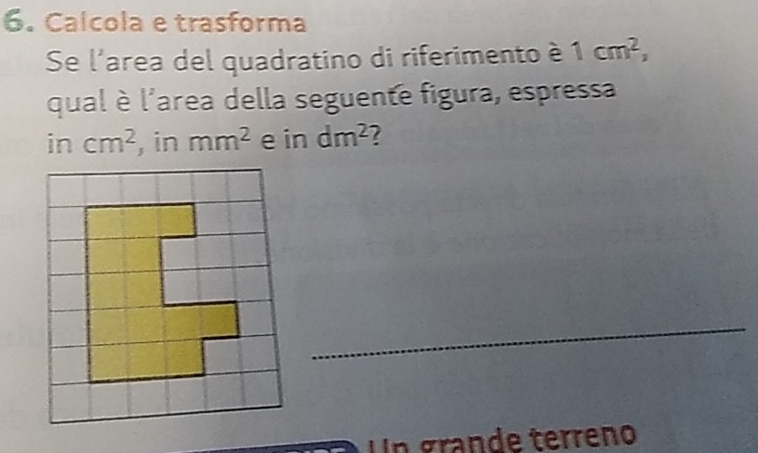 Calcola e trasforma 
Se l'area del quadratino di riferimento é 1cm^2, 
qual è l'area della seguente figura, espressa
incm^2 , in mm^2 in dm^2
_ 
Un grande terreño