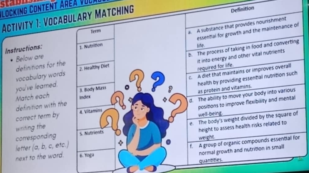 stabns
Ilocking Content Aréa Vula
Activity 1: Vocabulary Matching
Definition
Term
essential for growth and the maintenance of
Instructions:
1. Nutrition a. A substance that provides nourishment
Below are
b. The process of taking in food and converting
it into energy and other vital nutrients
definitions for the life.
c. A diet that maintains or improves overall
vocabulary words 2. Healthy Diet
required for life.
you've learned.
definition with the health by providing essential nutrition such
3. Body Mass
8 as protein and vitamins.
Match each Index
correct term by 4. Vitamins d. The ability to move your body into various
writing the positions to improve flexibility and mental
well-being.
corresponding 5. Nutrients e. The body's weight divided by the square of
height to assess health risks related to
weight.
letter (a, b, c, etc.)
f. A group of organic compounds essential for
next to the word. 6. Yoga
normal growth and nutrition in small
quantities.