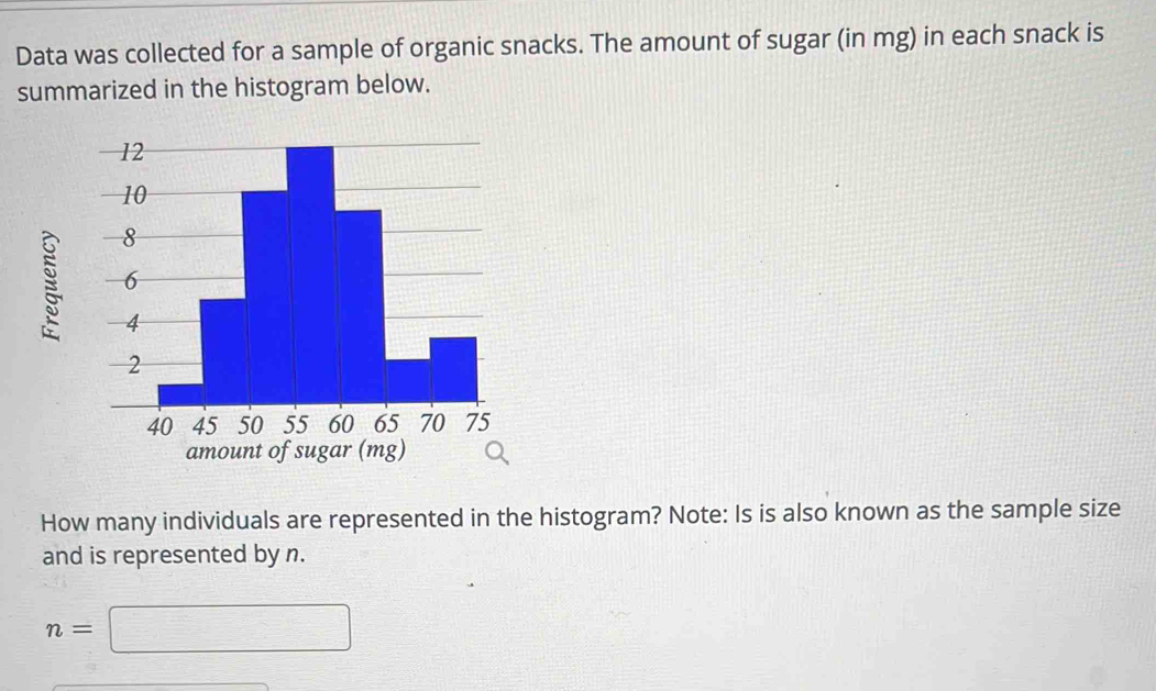 Data was collected for a sample of organic snacks. The amount of sugar (in mg) in each snack is 
summarized in the histogram below. 

How many individuals are represented in the histogram? Note: Is is also known as the sample size 
and is represented by n.
n=□