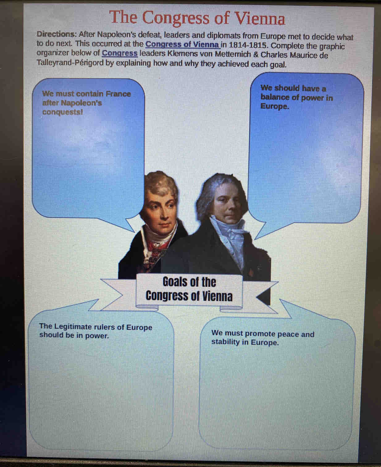 The Congress of Vienna 
Directions: After Napoleon's defeat, leaders and diplomats from Europe met to decide what 
to do next. This occurred at the Congress of Vienna in 1814-1815. Complete the graphic 
organizer below of Congress leaders Klemens von Mettemich & Charles Maurice de 
Talleyrand-Périgord by explaining how and why they achieved each goal. 
We should have a 
We must contain France balance of power in 
after Napoleon's Europe. 
conquests! 
Goals of the 
Congress of Vienna 
The Legitimate rulers of Europe 
should be in power. 
We must promote peace and 
stability in Europe.