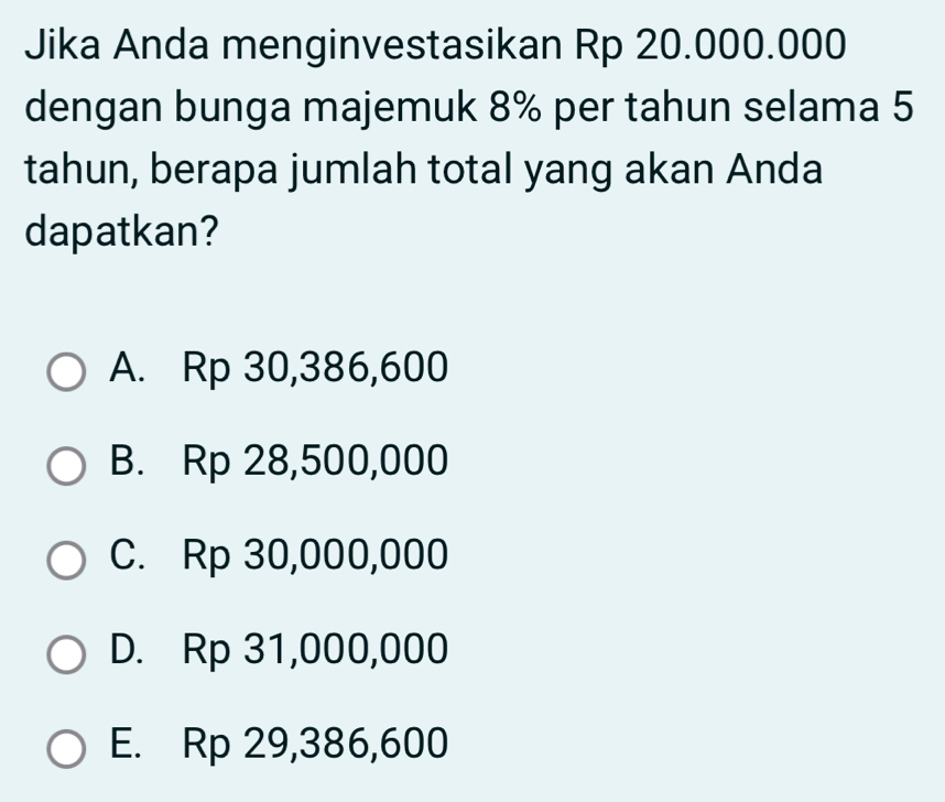 Jika Anda menginvestasikan Rp 20.000.000
dengan bunga majemuk 8% per tahun selama 5
tahun, berapa jumlah total yang akan Anda
dapatkan?
A. Rp 30,386,600
B. Rp 28,500,000
C. Rp 30,000,000
D. Rp 31,000,000
E. Rp 29,386,600