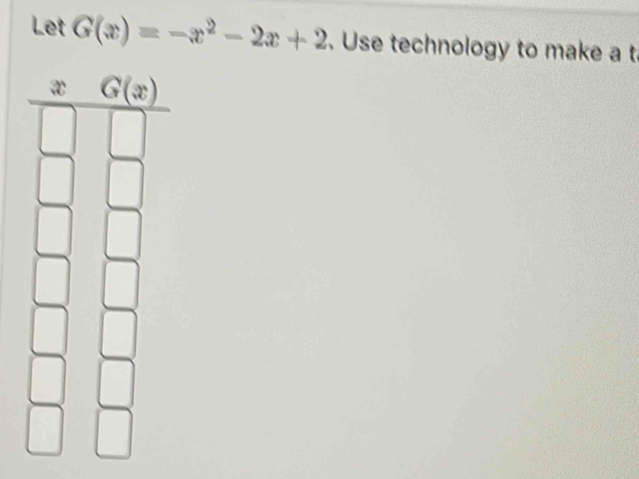 Let G(x)=-x^2-2x+2. Use technology to make a t