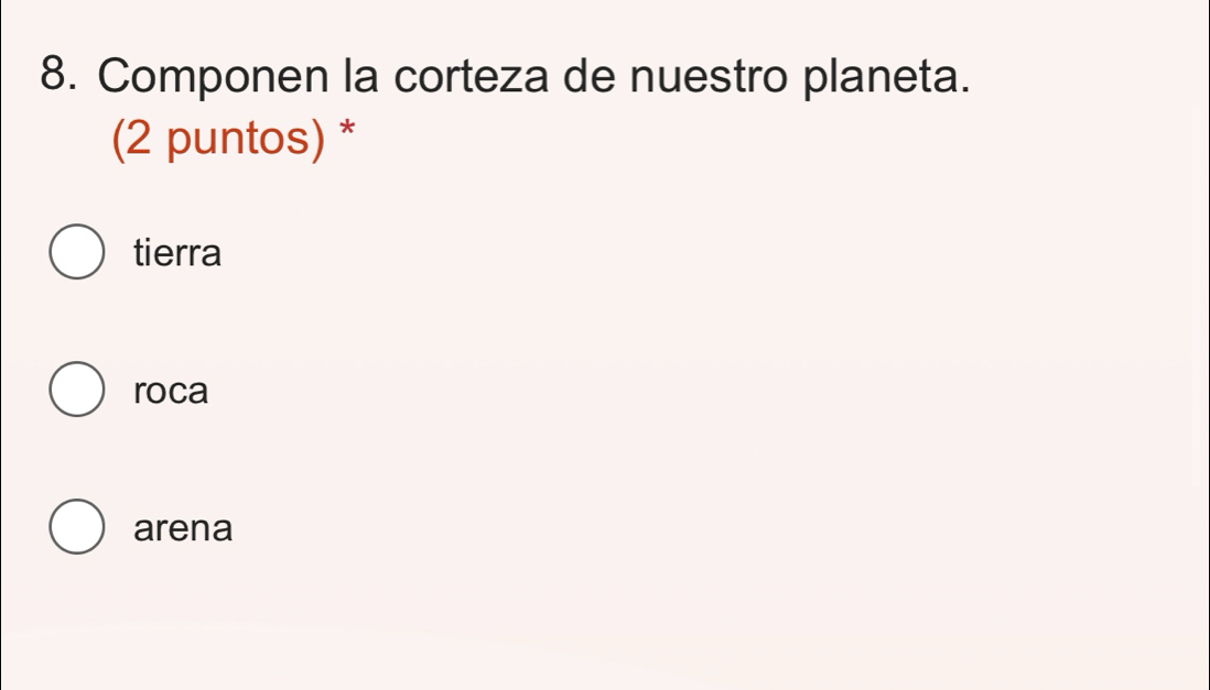 Componen la corteza de nuestro planeta.
(2 puntos) *
tierra
roca
arena