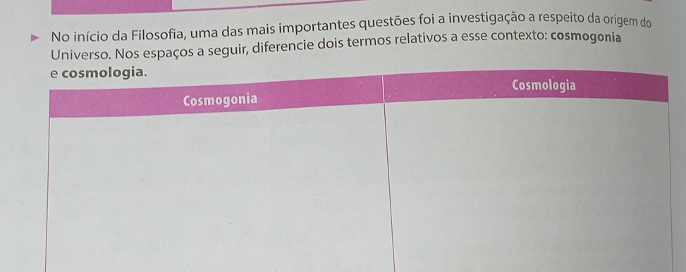 No início da Filosofia, uma das mais importantes questões foi a investigação a respeito da origem do 
Universo. Nos espaços a seguir, diferencie dois termos relativos a esse contexto: cosmogonia