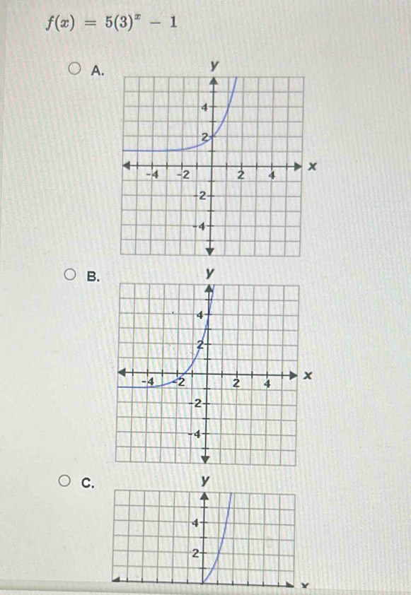 f(x)=5(3)^x-1
A. 
B. 
C.
y
4
2
Y