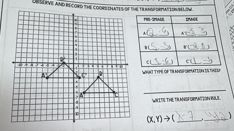 OBSERVE AND RECORD THE COORDINATES OF THE TRANSFORMATION BELOW.
ces C(-5
WHAT TYPE OF TRANSFORMATION IS THIS?
_
WRITE THE TRANSFORMATION RULE.
(X,Y)to ( _1_ )