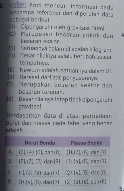 (HOTS) Andi mencari informasi pada
beberapa referensi dan diperoleh data
sebagai berikut
(1) Dipengaruhi oleh gravitasi Bumi.
(2) Merupakan besaran pokok dan
besaran skalar.
(3) Satuannya dalam SI adalah kilogram.
(4) Besar nilainya selalu berubah sesuai
tempatnya.
(5) Newton adalah satuannya dalam SI.
(6) Berasal dari zat penyusunnya.
(7) Merupakan besaran vektor dan
besaran turunan.
(8) Besar nilainya tetap tidak dipengaruhi
gravitasi.
Berdasarkan data di atas, perbedaan
berat dan massa pada tabel yang benar
adalah . . . .
5.