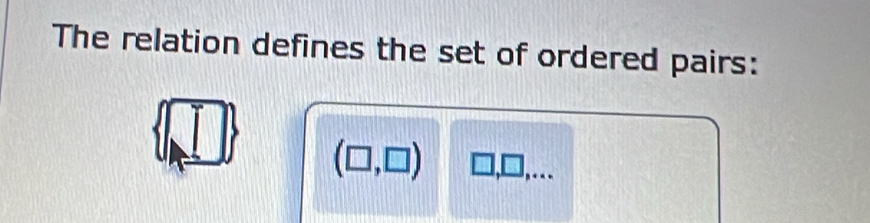 The relation defines the set of ordered pairs:
(□,□) □, □,…