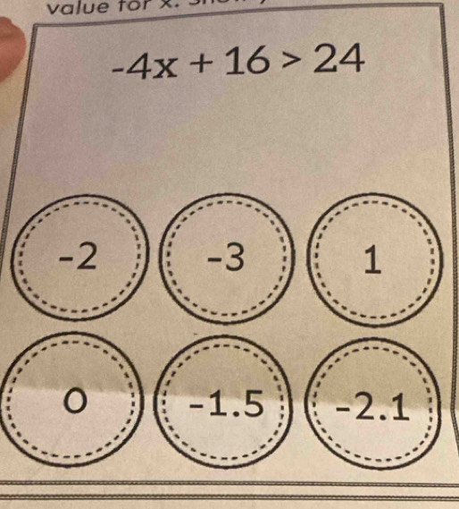 value for x.
-4x+16>24