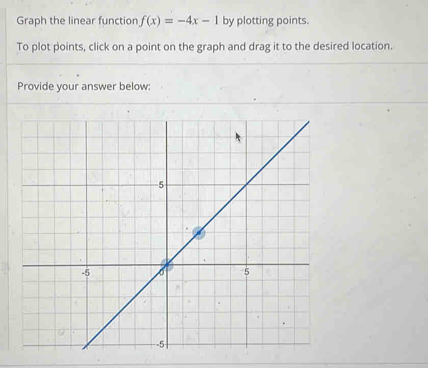 Graph the linear function f(x)=-4x-1 by plotting points. 
To plot points, click on a point on the graph and drag it to the desired location. 
Provide your answer below: