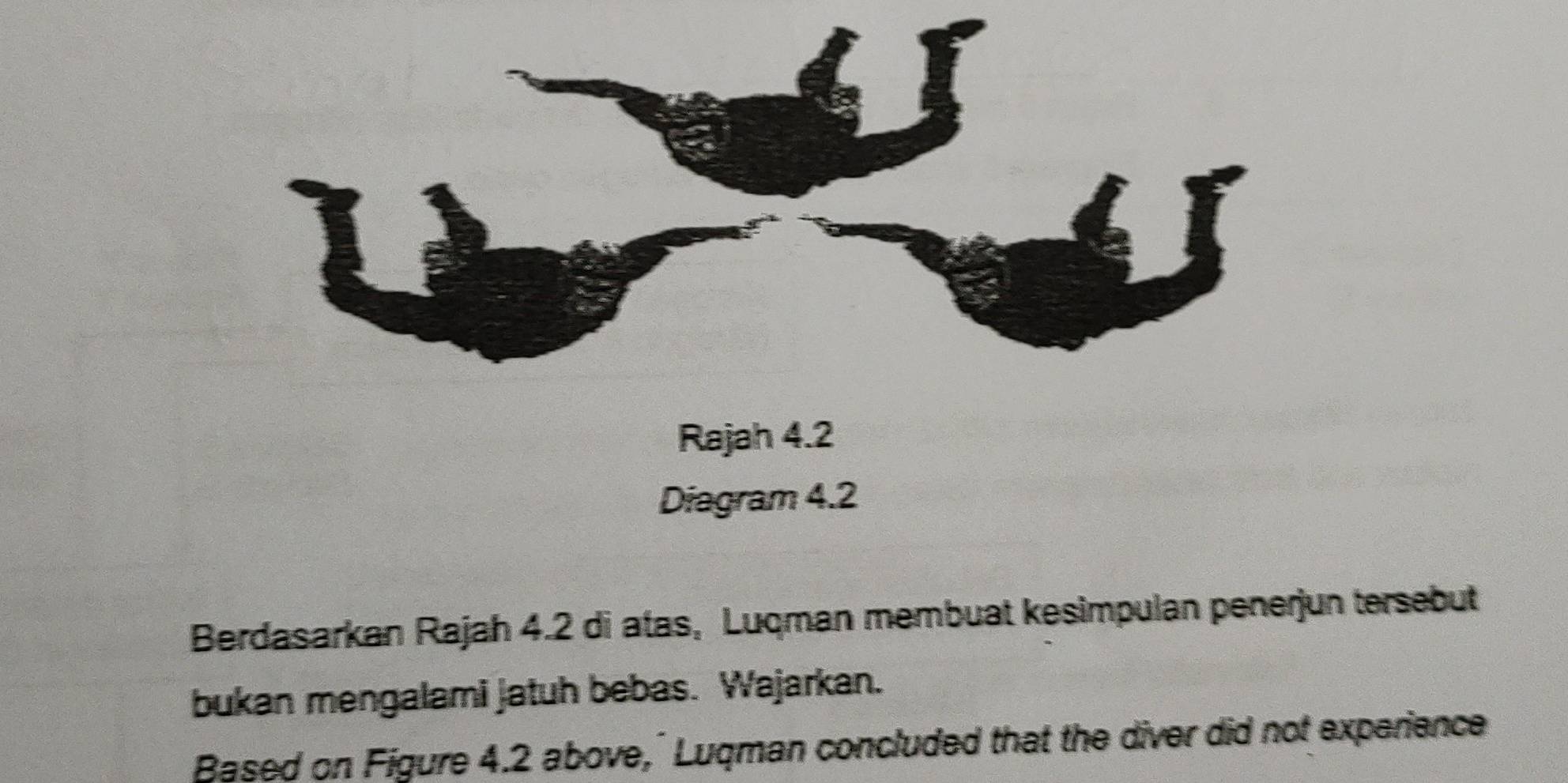 Diagram 4.2 
Berdasarkan Rajah 4.2 di atas, Luqman membuat kesimpulan penerjun tersebut 
bukan mengalami jatuh bebas. Wajarkan. 
Based on Figure 4.2 above,' Luqman concluded that the diver did not experience